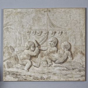 Gouache with putti on the beach, early 20th century